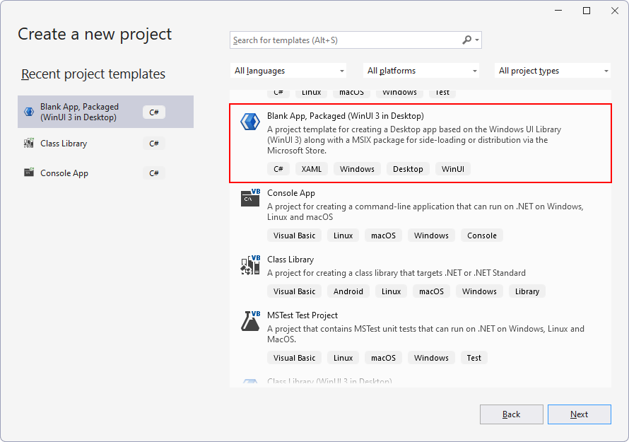 Výber šablóny WinUI 3 projektu - WinUI 3 - Okenné aplikácie v C# .NET - WinUI 3 - Okenné aplikácie v C# .NET