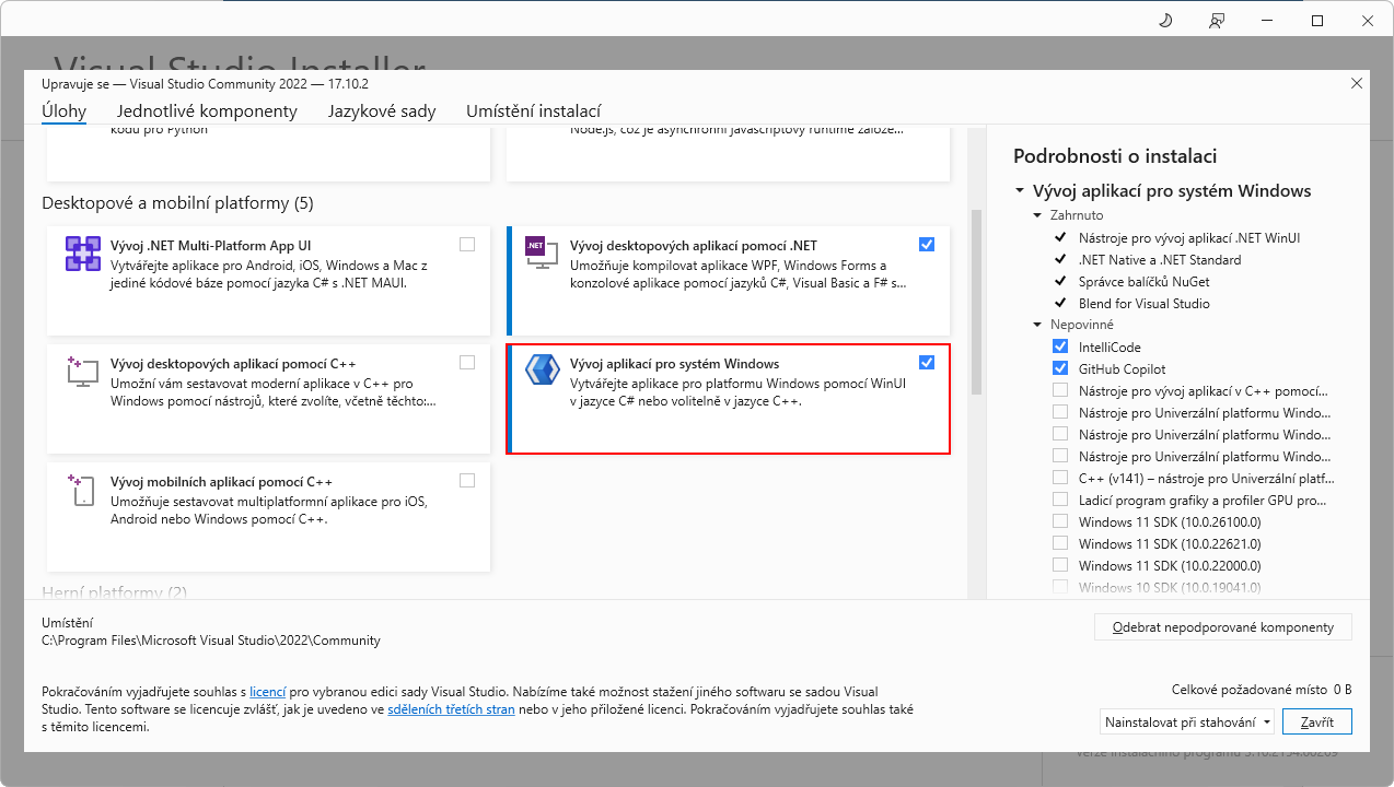 Sady vo Visual Studio Installer - WinUI 3 - Okenné aplikácie v C# .NET - WinUI 3 - Okenné aplikácie v C# .NET