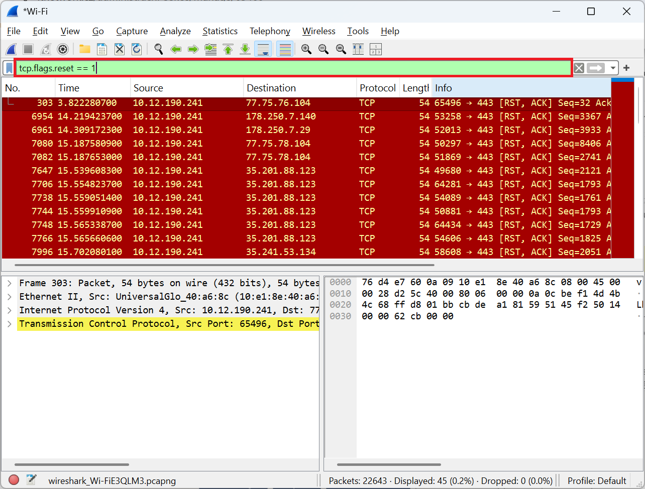 Wireshark pakety s príznakom RST - Prevádzka počítačových sietí - Prevádzka počítačových sietí