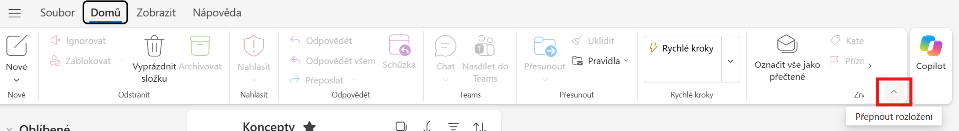 Outlook New – tlačidlo pre prepnutie rozloženia pásu kariet - Microsoft Outlook - Microsoft Outlook