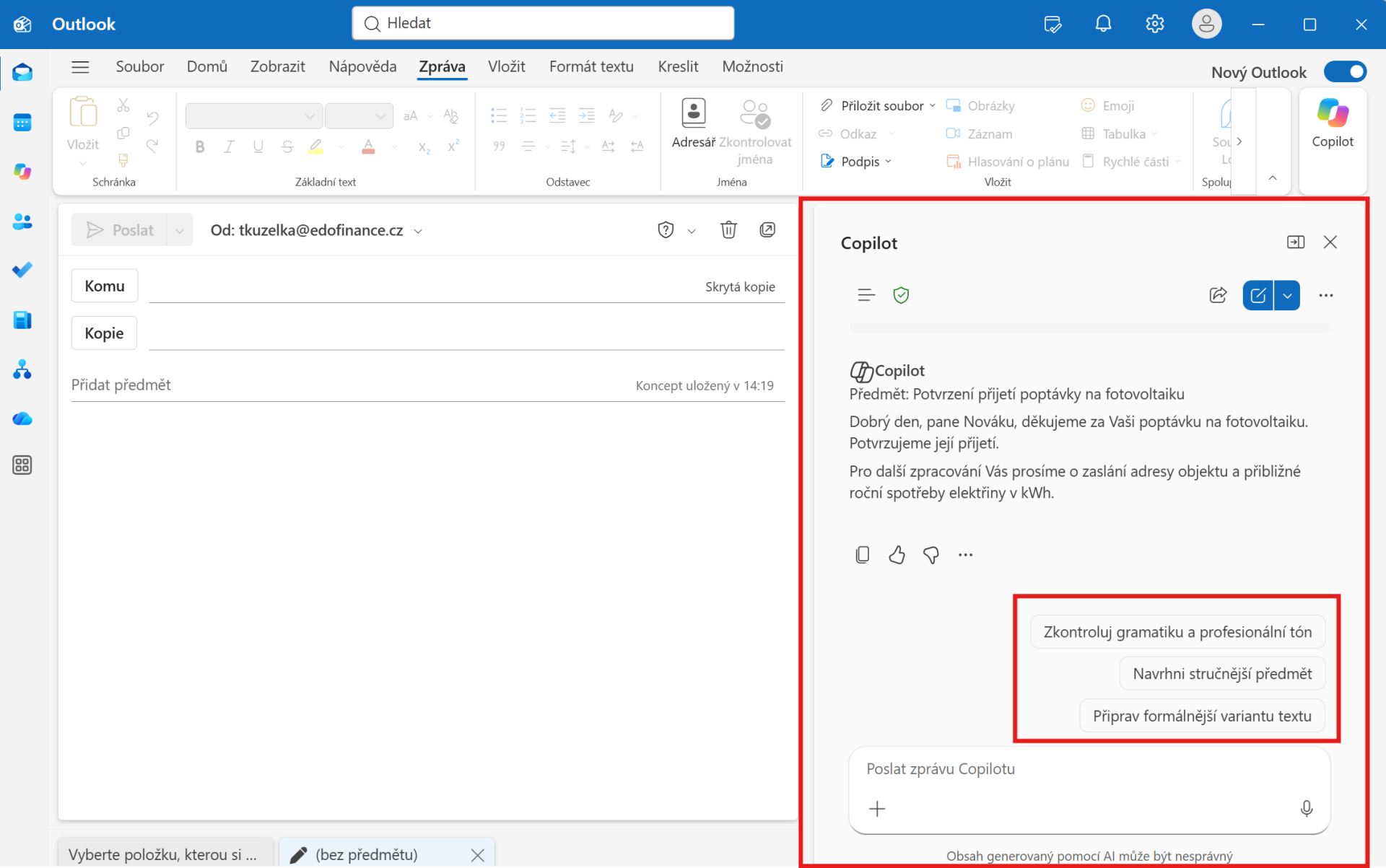 Outlook New – Copilot generovanie - Microsoft Outlook - Microsoft Outlook