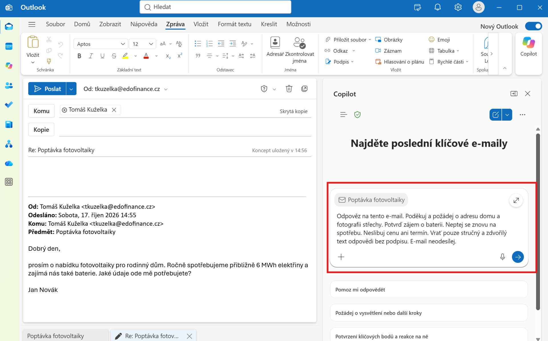 Outlook New – Copilot odpoveď - Microsoft Outlook - Microsoft Outlook