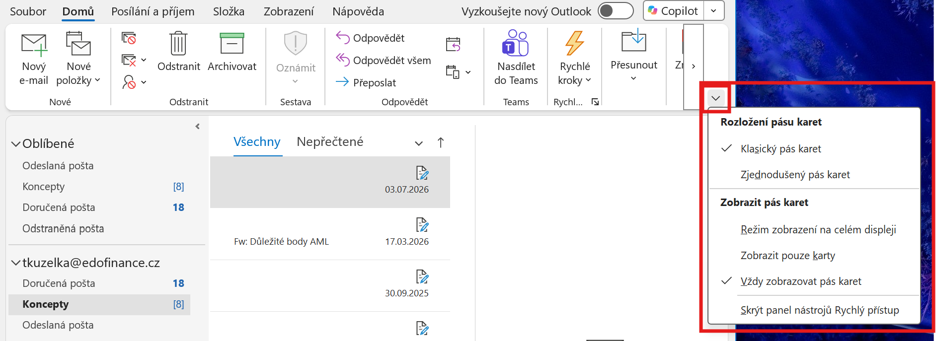 Outlook Classic – ponuka rozloženia a zobrazenia pásu kariet - Microsoft Outlook - Microsoft Outlook