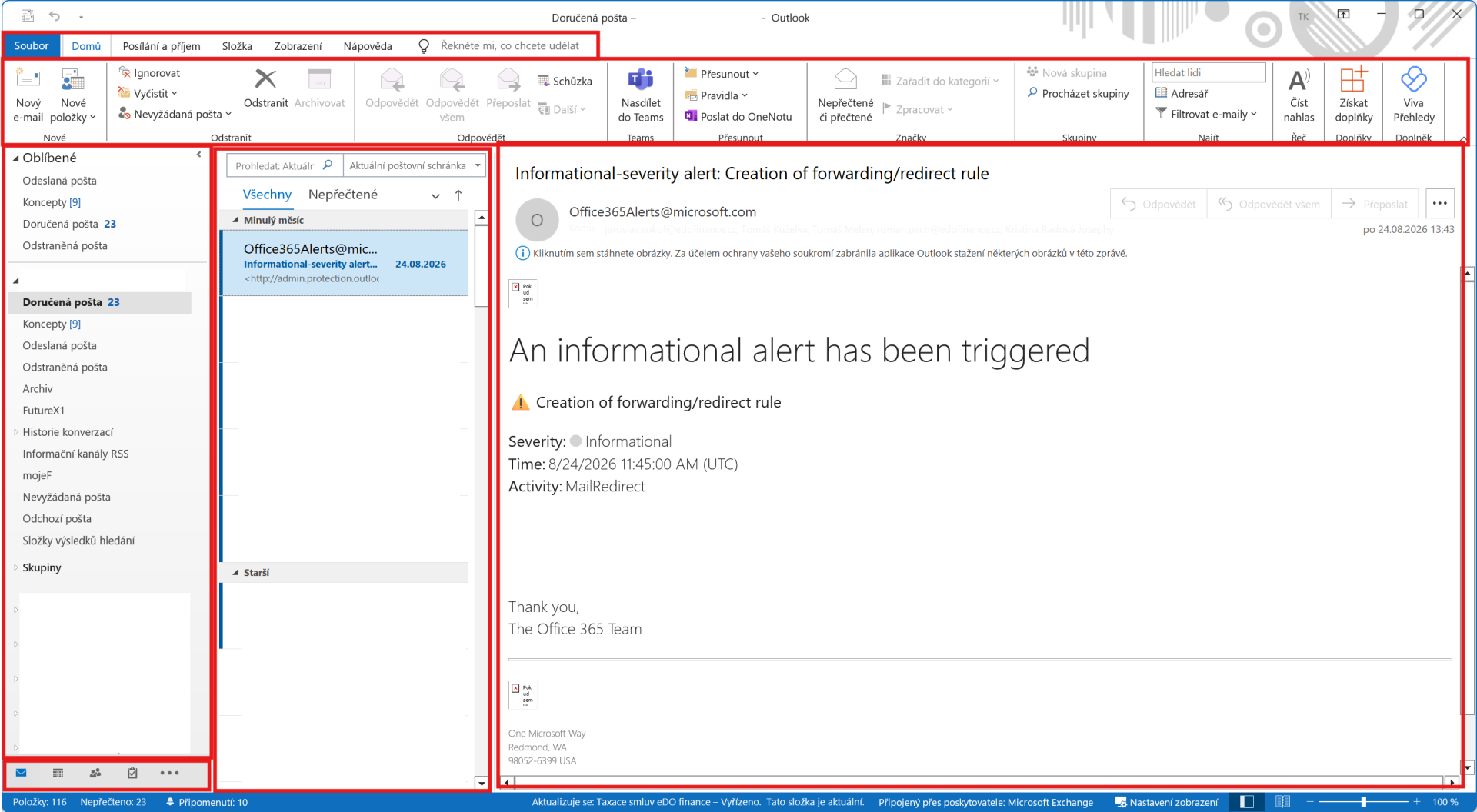 Outlook Classic – hlavné okno so zvýraznenými ovládacími prvkami - Microsoft Outlook - Microsoft Outlook