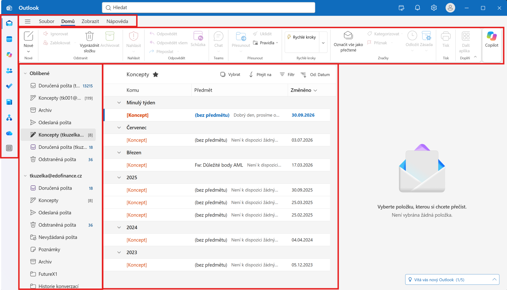 Outlook New – hlavné okno so zvýraznenými ovládacími prvkami - Microsoft Outlook - Microsoft Outlook