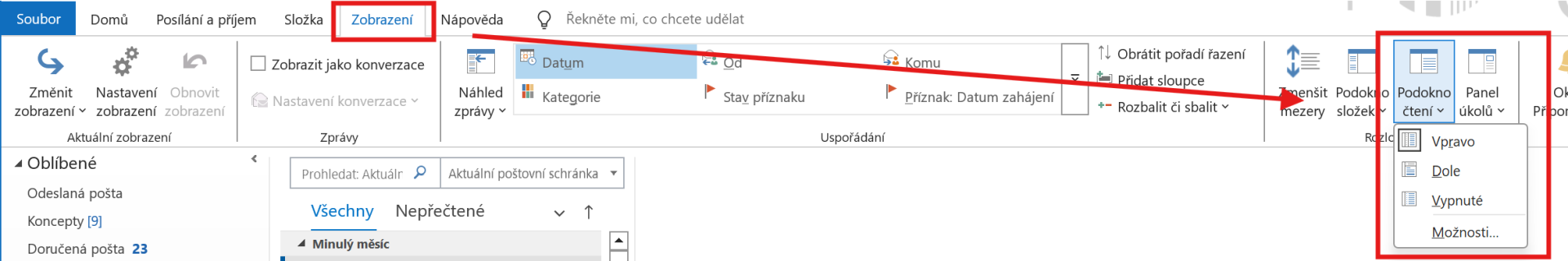 Outlook Classic – nastavenie table čítania na karte Zobrazenie - Microsoft Outlook - Microsoft Outlook