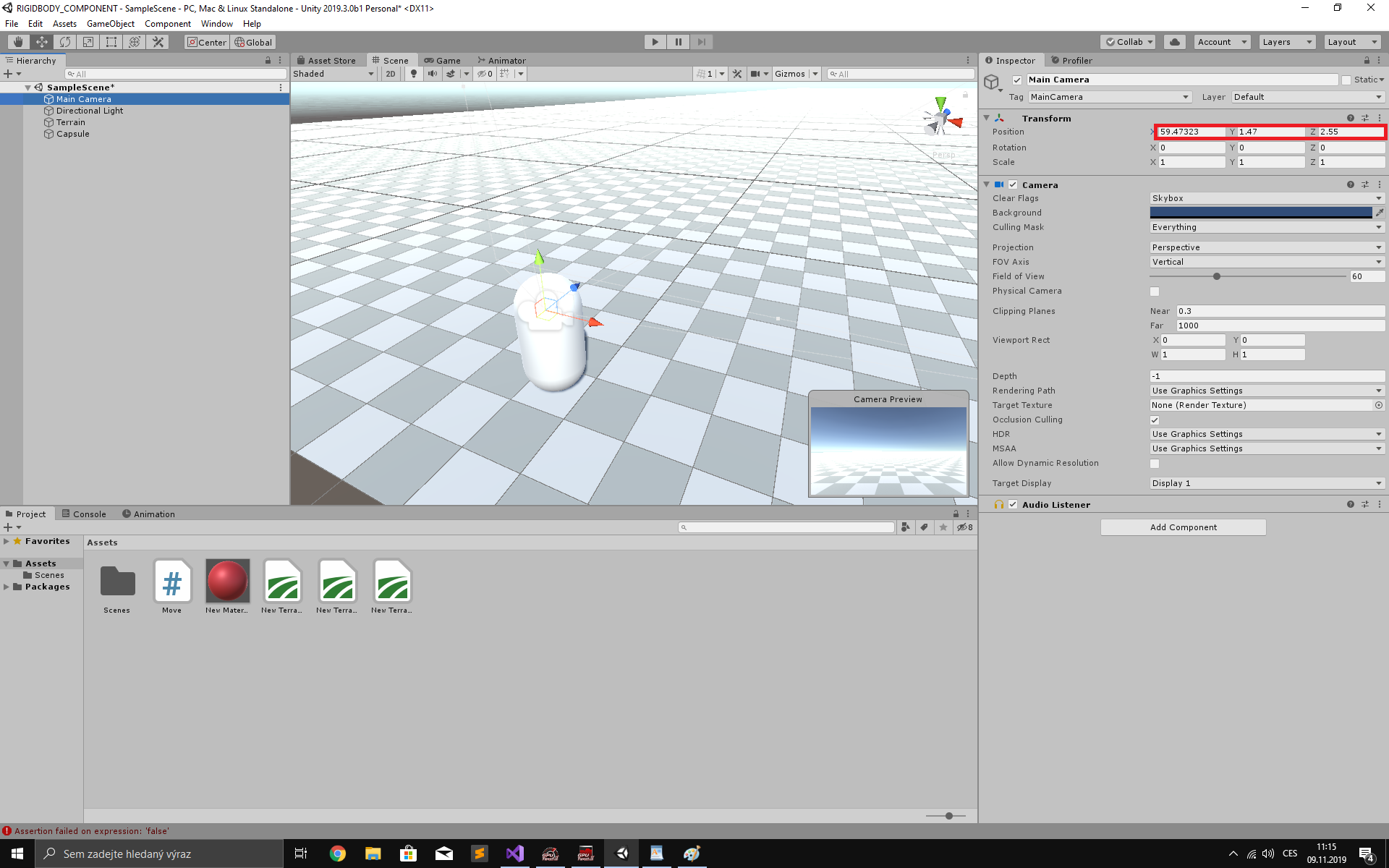 Nastavenie pozície hlavnej kamery - Tvorba 3D hier v Unity