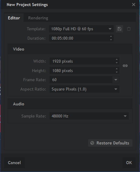 Dialógové okno pre vytvorenie nového projektu v HITFILE Express - Strih a postprodukcia videa v HITFILE Express