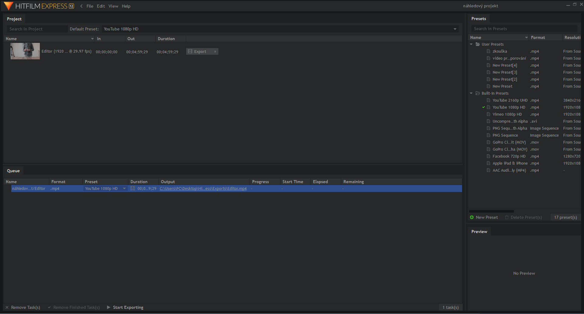 Exportovací okno v HITFILE Express - Strih a postprodukcia videa v HITFILE Express
