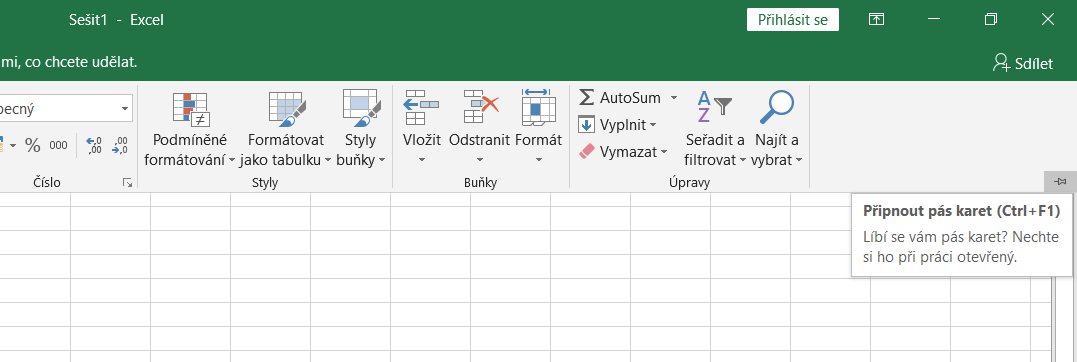 Pripnúť pás kariet - Základy Microsoft Excel