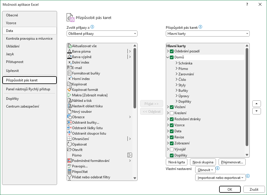 Úprava pásu s nástrojmi v Microsoft Exceli - Základy Microsoft Excel