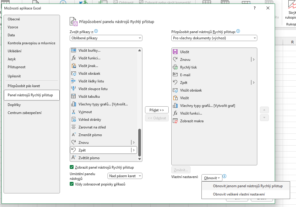 Nastavenie panela Rýchly prístup v aplikácii Microsoft Excel - Základy Microsoft Excel