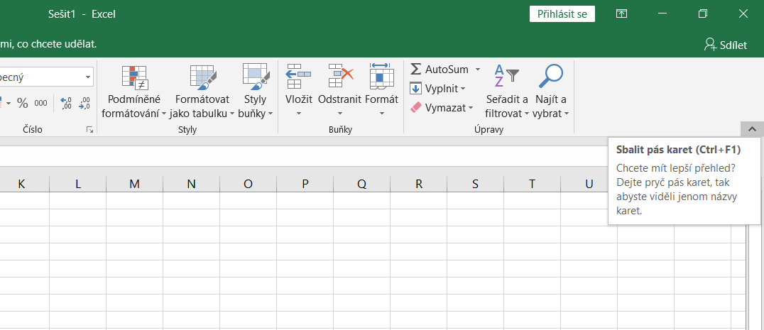 Zbaliť pás kariet - Základy Microsoft Excel
