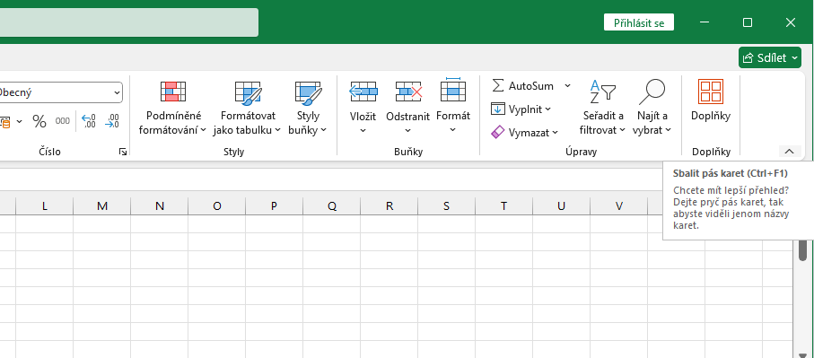 Zbaliť pás s nástrojmi - Základy Microsoft Excel