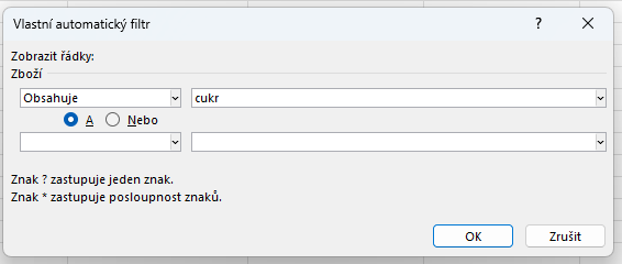 Filtrovanie textu podľa obsahu slova - Základy Microsoft Excel
