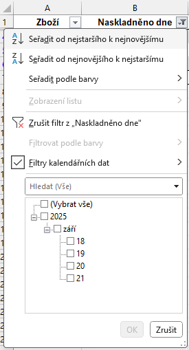 Zoradenie vyfiltrovaných údajov podľa dátumu - Základy Microsoft Excel