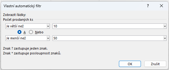 Kombinácia číselných podmienok filtra - Základy Microsoft Excel
