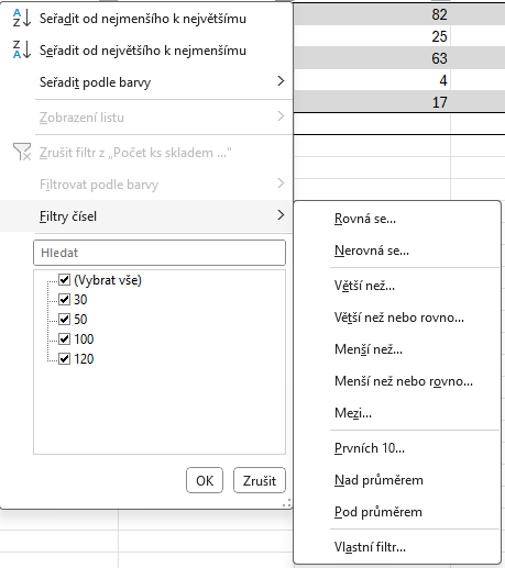 Ponuka Number Filters v Exceli - Základy Microsoft Excel