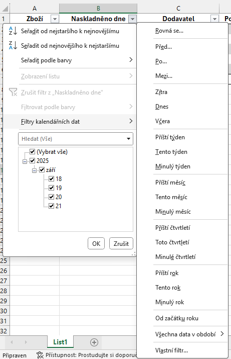 Ponuka Date Filters v Exceli - Základy Microsoft Excel