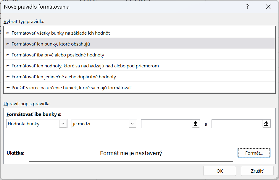 Dialógové okno na tvorbu nového pravidla formátovania - Základy Microsoft Excel