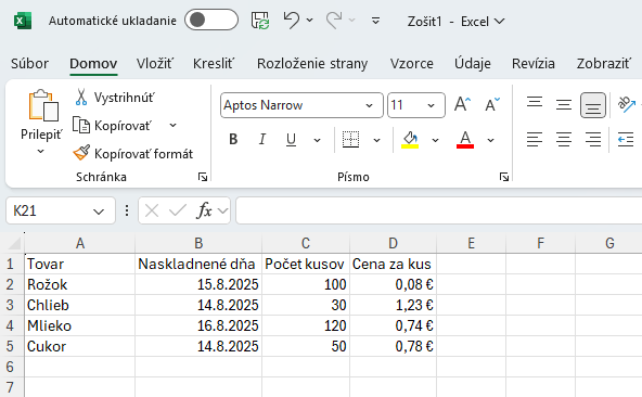 Ukážka tabuľky na evidenciu tovaru - Základy Microsoft Excel