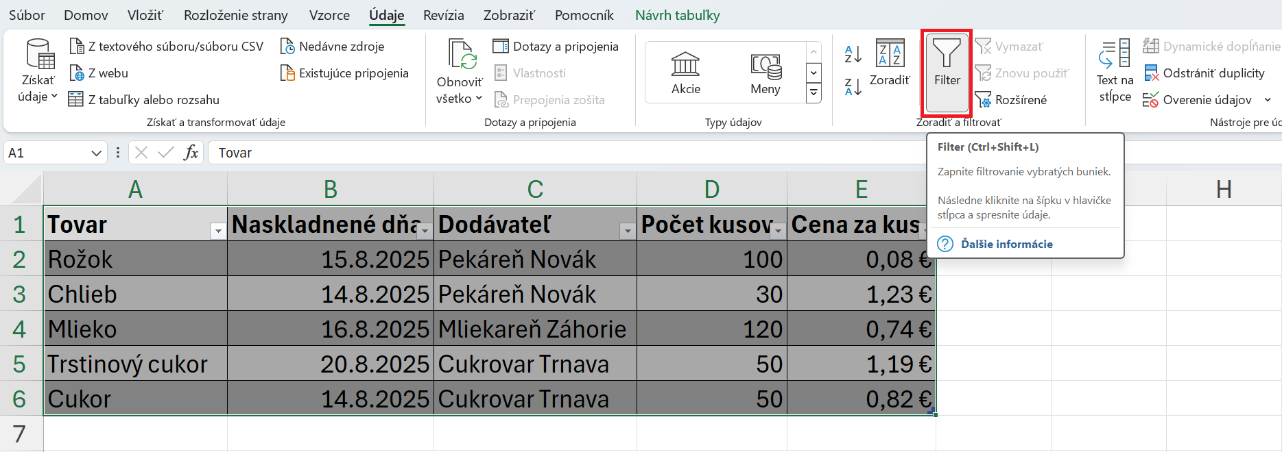 Tlačidlo na vypnutie/zapnutie filtra tabuľky - Základy Microsoft Excel