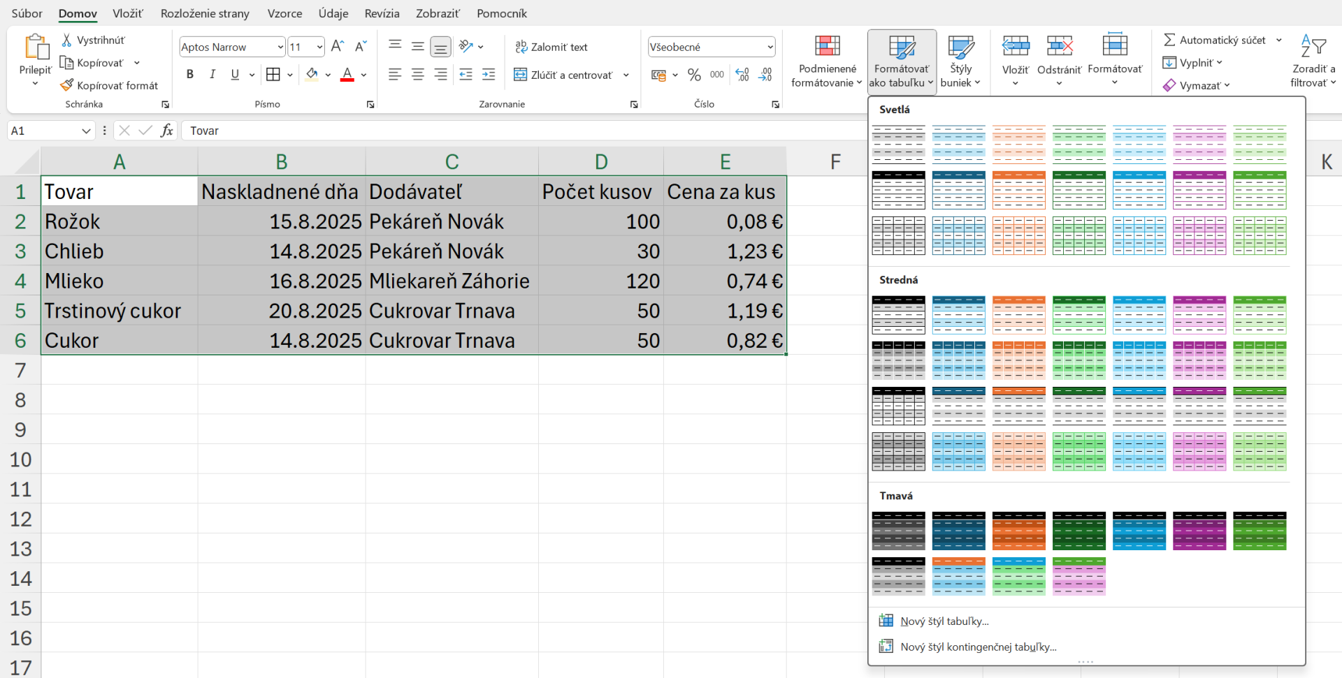 Ponuka Formátovať ako tabuľku - Základy Microsoft Excel