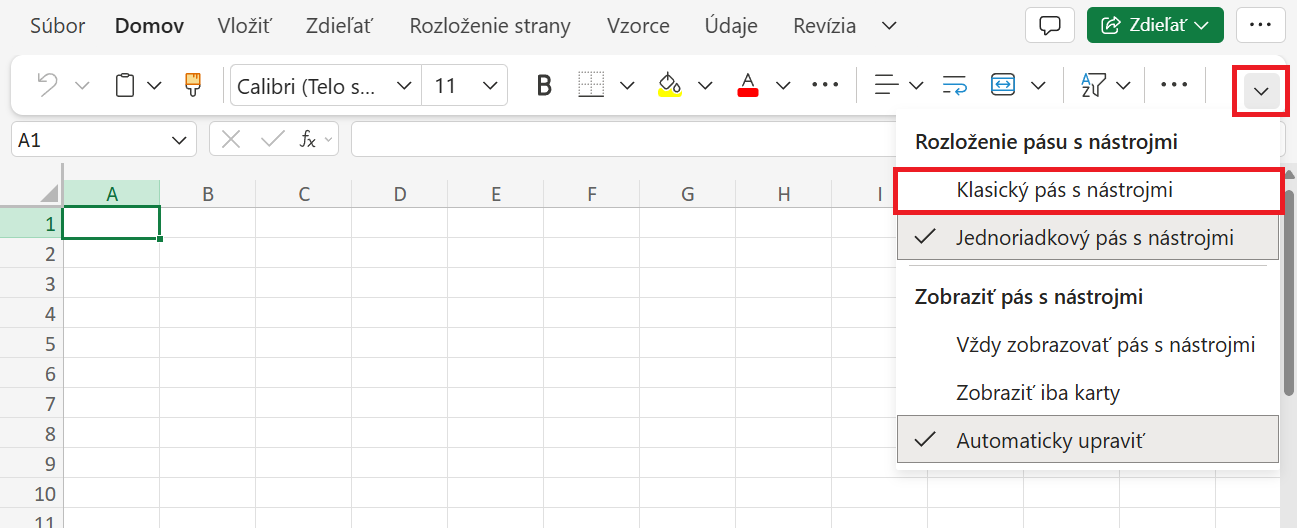 Plné zobrazenie pásu s nástrojmi v Office 365 - Základy Microsoft Excel