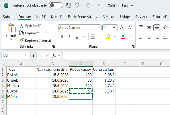 Ukážka kopírovania záznamu s počtom kusov - Základy Microsoft Excel