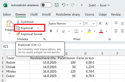 Ponuka Kopírovať na karte Domov - Základy Microsoft Excel