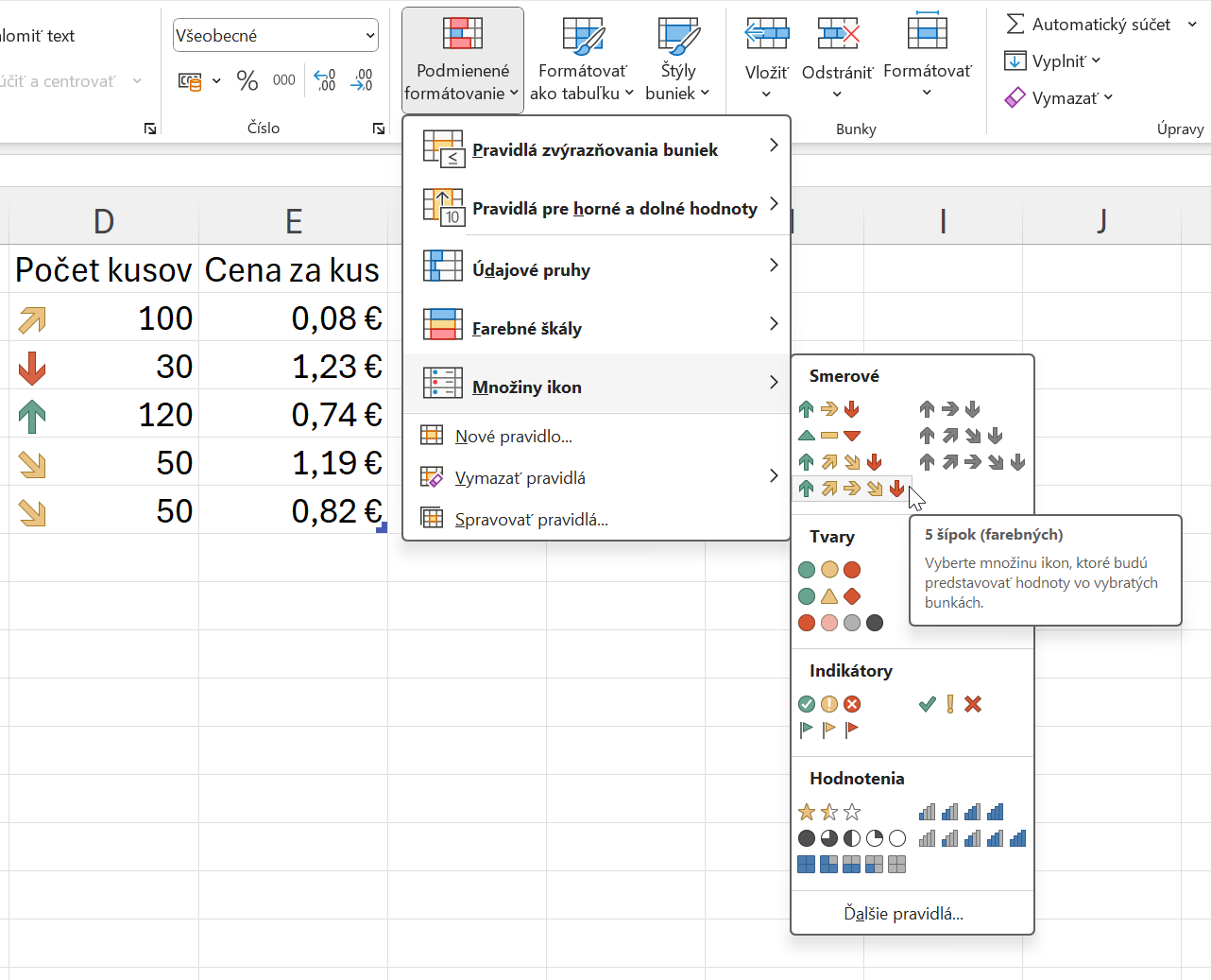 Ukážka použitia množín ikon v podmienenom formátovaní - Základy Microsoft Excel