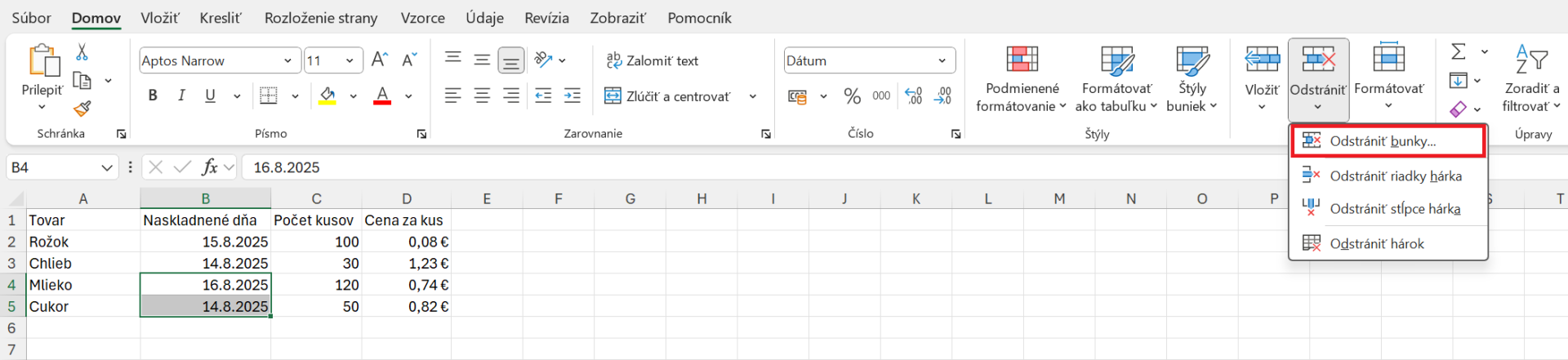 Možnosť odstránenia buniek na karte Domov - Základy Microsoft Excel