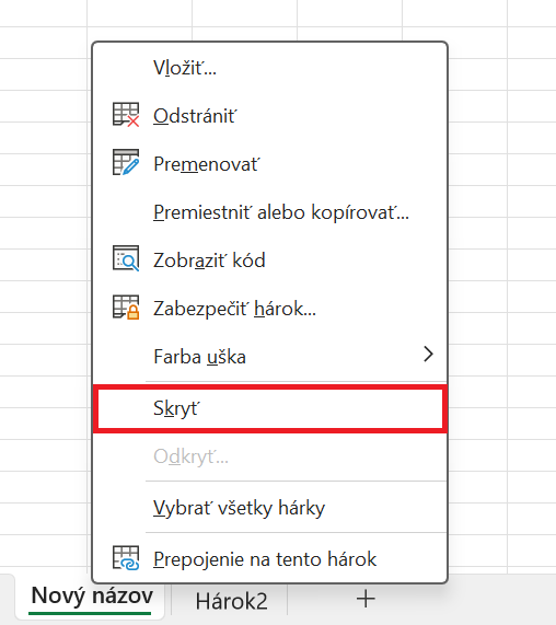 Možnosť skrytia hárka - Základy Microsoft Excel