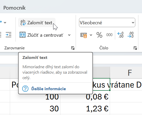 Možnosť Zalomiť text na karte Domov - Základy Microsoft Excel