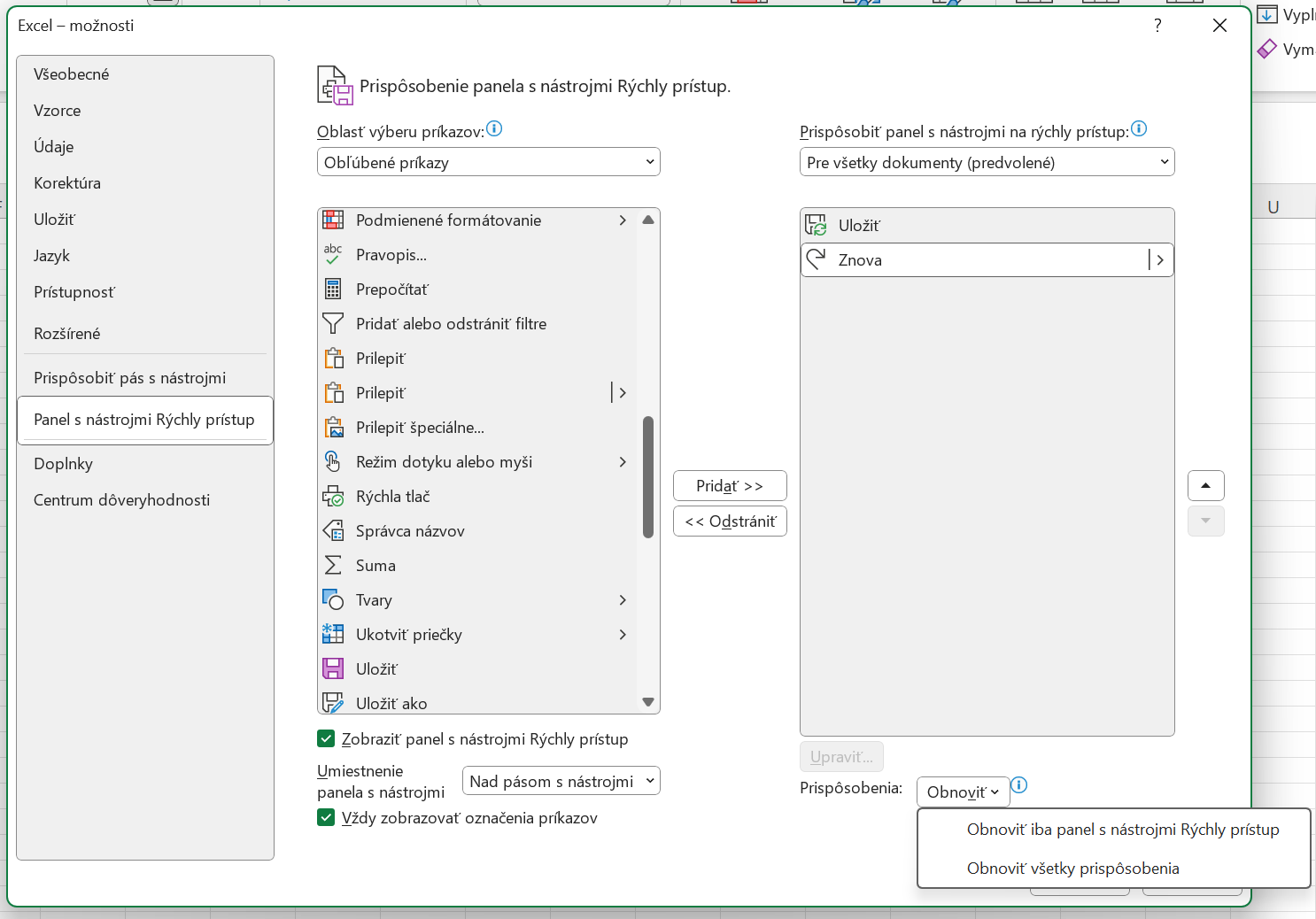 Nastavenie panela Rýchly prístup v aplikácii Microsoft Excel - Základy Microsoft Excel