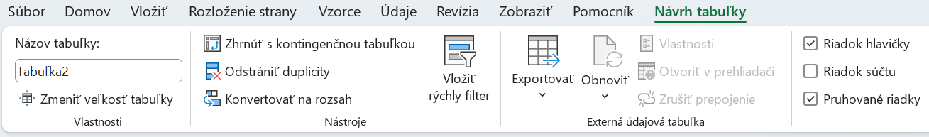 Zobrazenie novej karty Návrh tabuľky - Základy Microsoft Excel