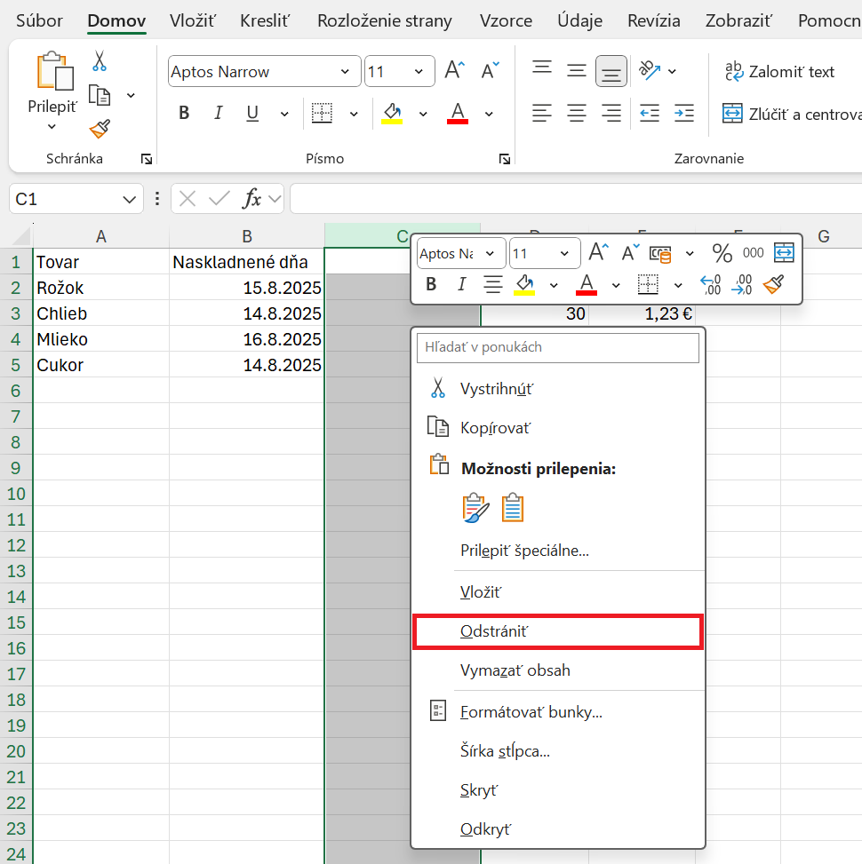 Ukážka odstránenia stĺpca pomocou pravého tlačidla myši - Základy Microsoft Excel