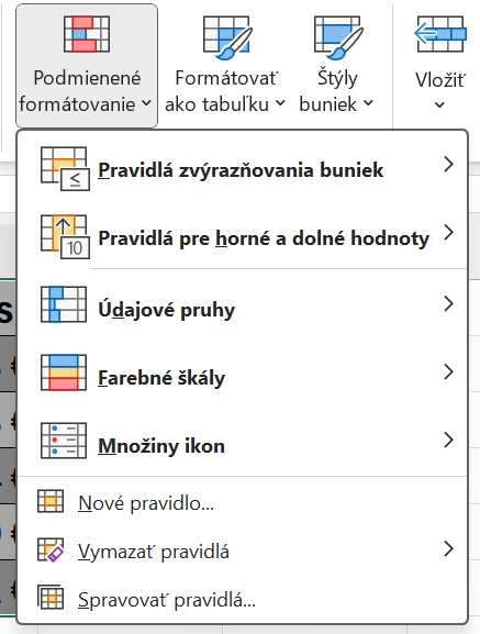 Ponuka pripravených možností podmieneného formátovania - Základy Microsoft Excel