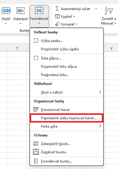 Ponuka kopírovania hárka na karte Domov - Základy Microsoft Excel