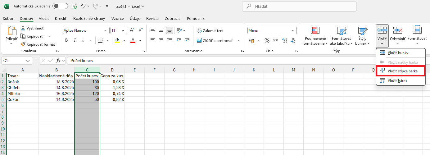 Ponuka možnosti vloženia stĺpca - Základy Microsoft Excel