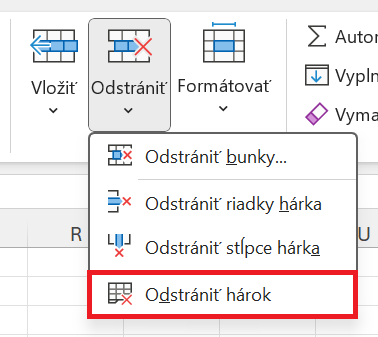 Ponuka odstránenia hárka na karte Domov - Základy Microsoft Excel