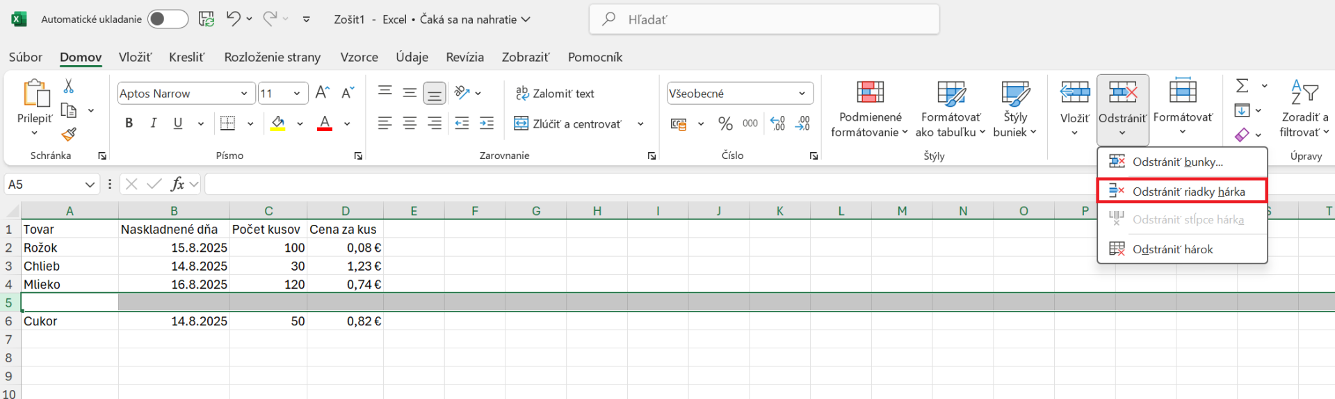 Ponuka odstránenia riadka na karte Domov - Základy Microsoft Excel