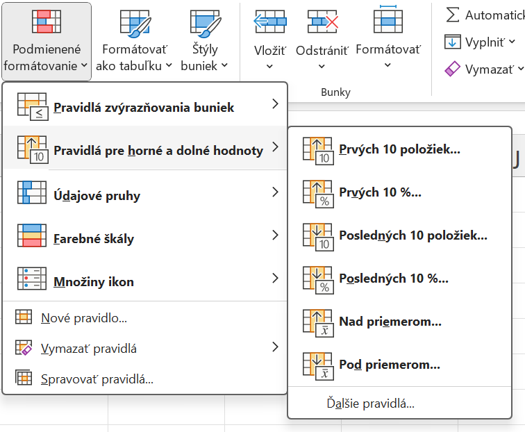 Ponuka pravidiel pre najvyššie a najnižšie hodnoty - Základy Microsoft Excel