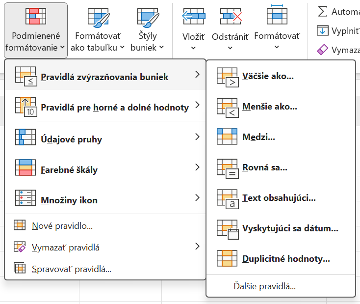 Ponuka pravidiel zvýraznenia buniek - Základy Microsoft Excel