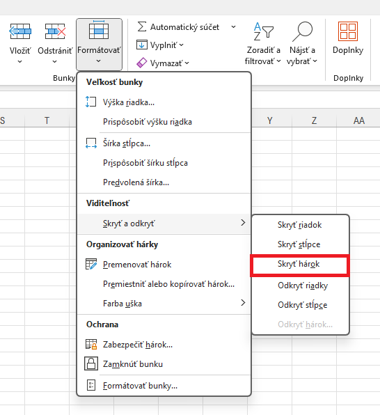 Ponuka skrytia hárka na karte Domov - Základy Microsoft Excel