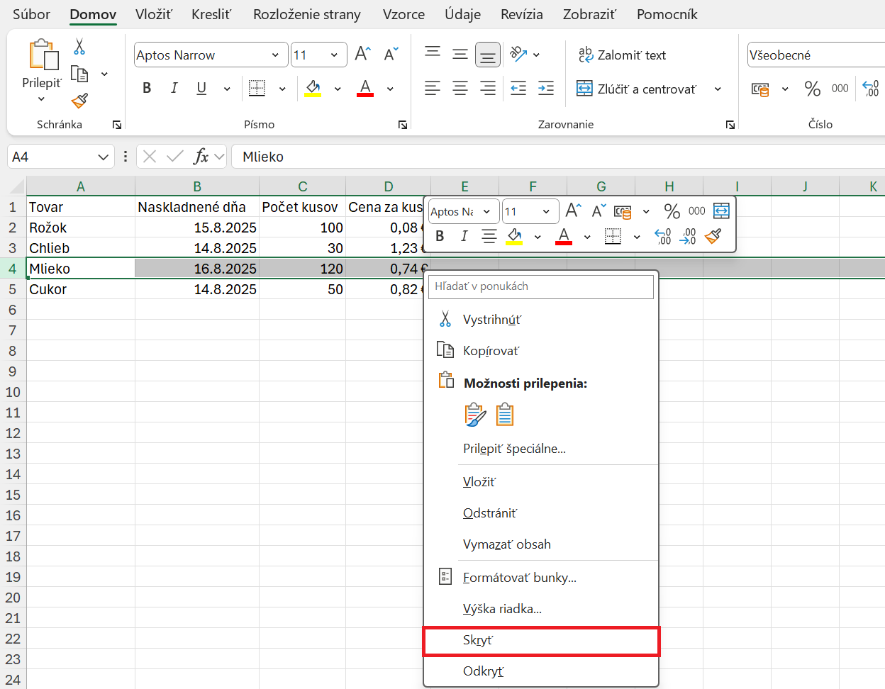 Ponuka skrytia riadka po kliknutí pravým tlačidlom myši - Základy Microsoft Excel