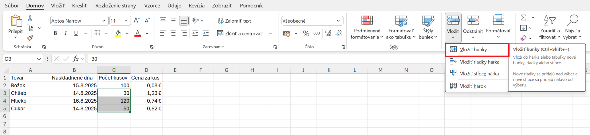 Ponuka vlozit bunky - Základy Microsoft Excel
