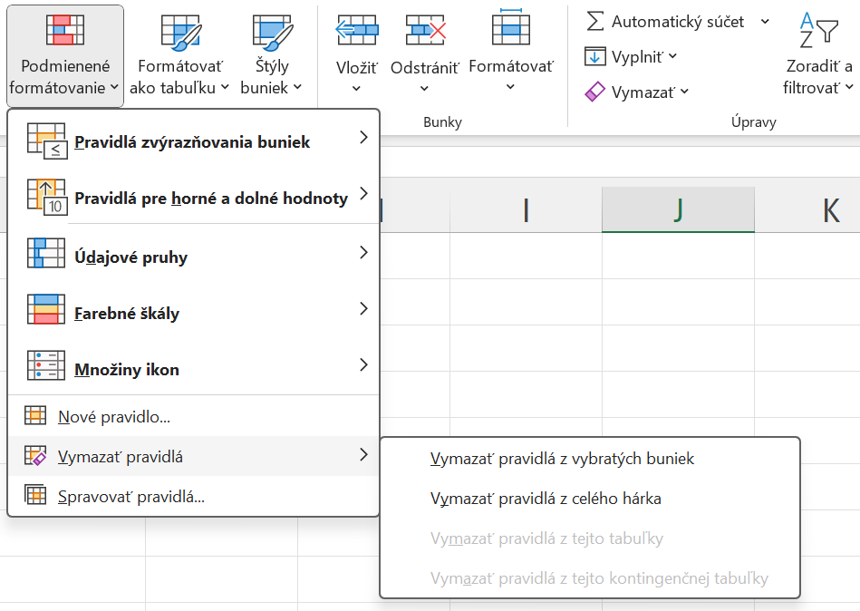 Ponuka vymazania pravidiel podmieneného formátovania - Základy Microsoft Excel