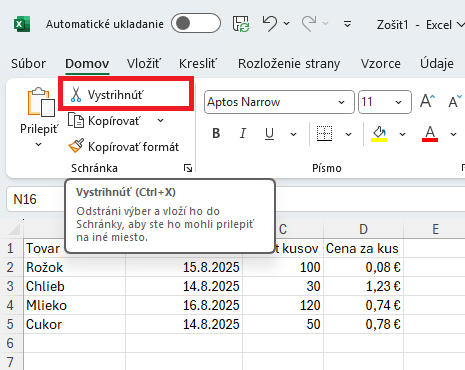 Ponuka Vystrihnúť na karte Domov - Základy Microsoft Excel