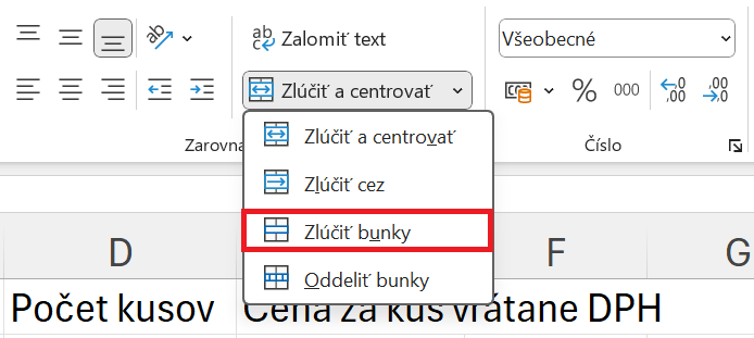 Ponuka zlúčenia buniek na karte Domov - Základy Microsoft Excel